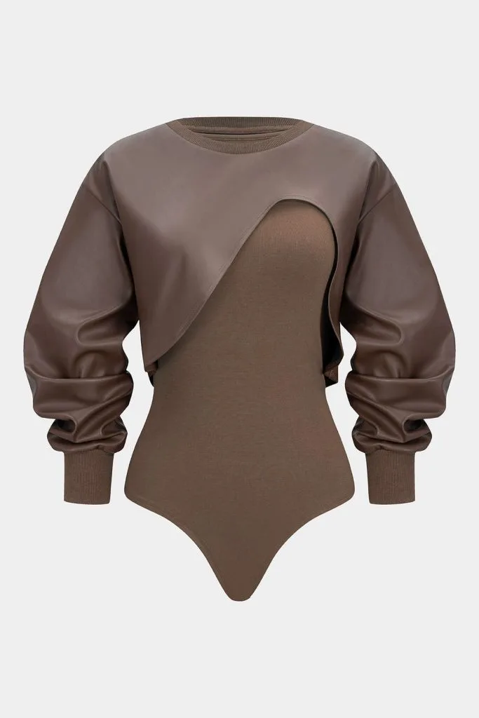 Faux Leather Patchwork Round Neck Asymmetrical Long Sleeve Bodysuit – Wrena
