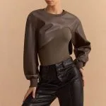 Faux Leather Patchwork Round Neck Asymmetrical Long Sleeve Bodysuit – Wrena