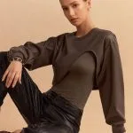 Faux Leather Patchwork Round Neck Asymmetrical Long Sleeve Bodysuit – Wrena