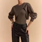Faux Leather Patchwork Round Neck Asymmetrical Long Sleeve Bodysuit – Wrena