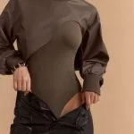 Faux Leather Patchwork Round Neck Asymmetrical Long Sleeve Bodysuit – Wrena