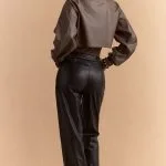Faux Leather Patchwork Round Neck Asymmetrical Long Sleeve Bodysuit – Wrena