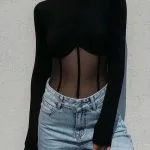 Mesh Patchwork Corset Round Neck Long-Sleeve Top – Wrena