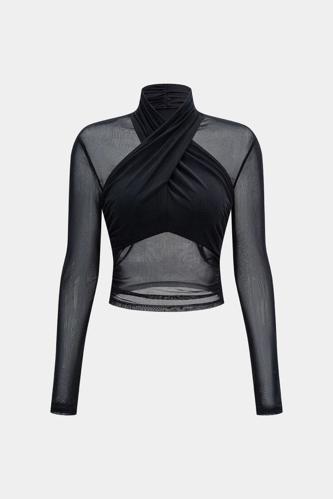 Mesh Sheer Ruched Long-Sleeve Top