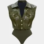 Faux Leather Button Patchwork Tank Sleeveless Bodysuit – Wrena