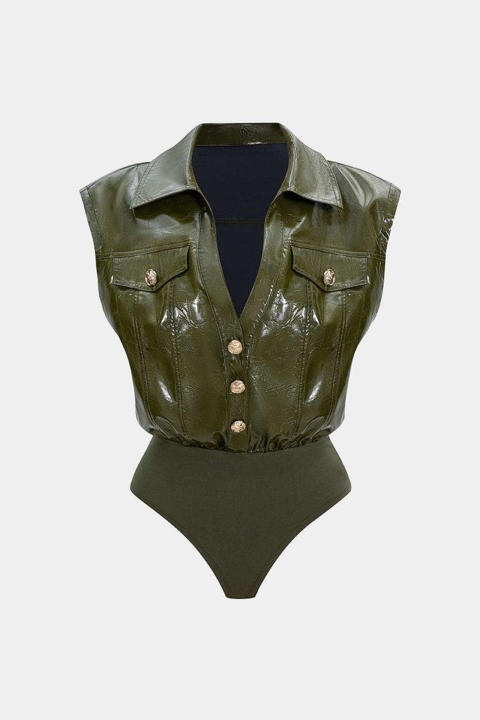 Faux Leather Button Patchwork Tank Sleeveless Bodysuit