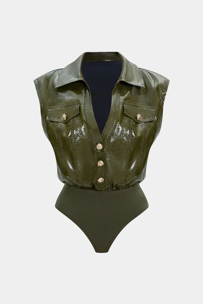 Faux Leather Button Patchwork Tank Sleeveless Bodysuit