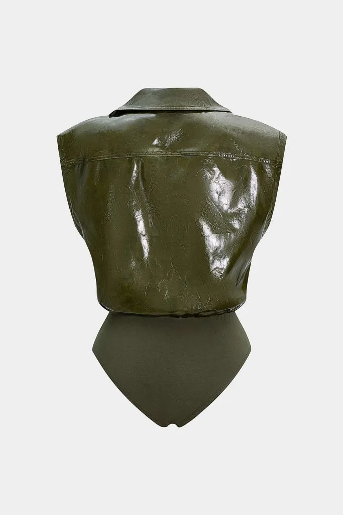 Faux Leather Button Patchwork Tank Sleeveless Bodysuit – Wrena
