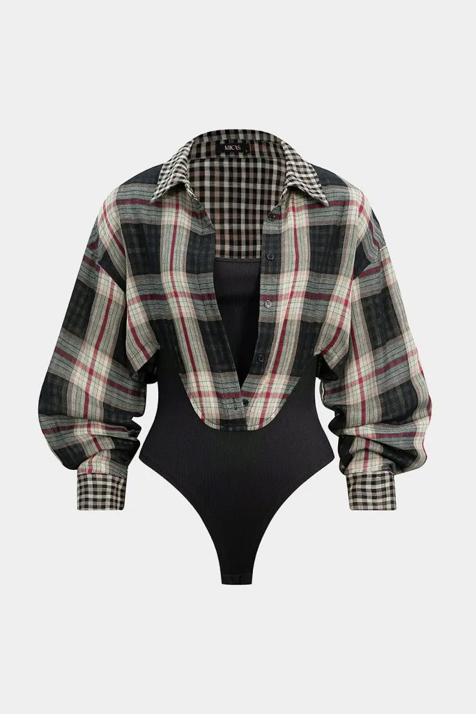 Plaid Print Long Sleeve Bodysuit