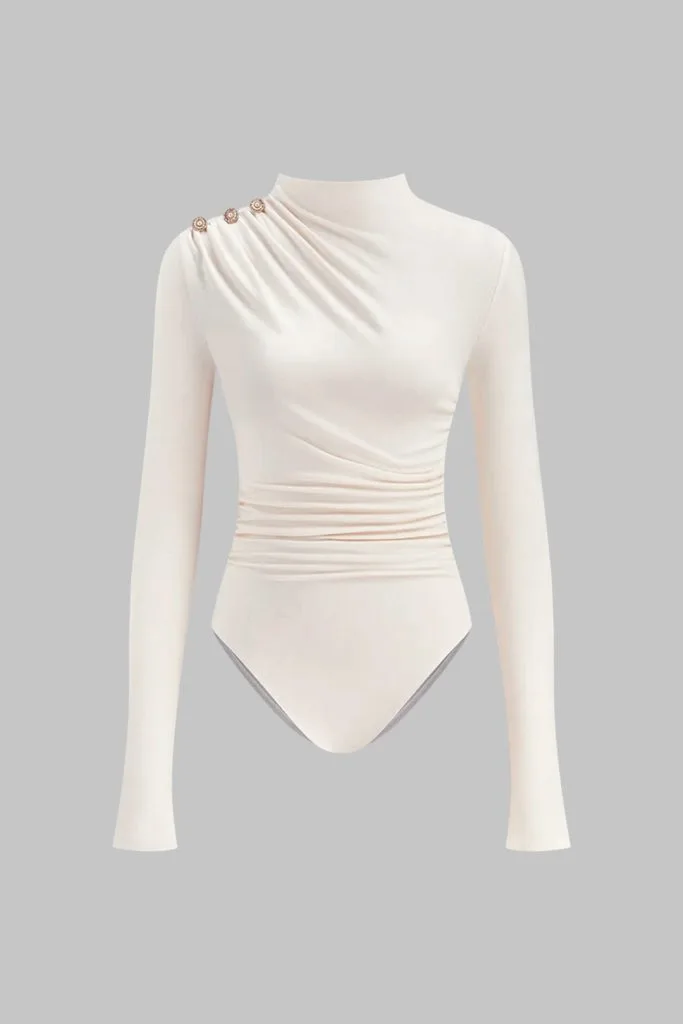 Asymmetrical Button Ruched Long Sleeve Bodysuit – Wrena