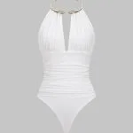 Metallic Decor Halter Neck Ruched Sleeveless Backless Bodysuit – Wrena