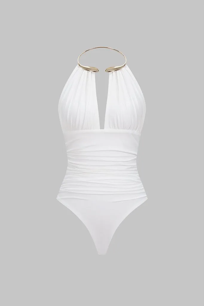 Metallic Decor Halter Neck Ruched Sleeveless Backless Bodysuit – Wrena