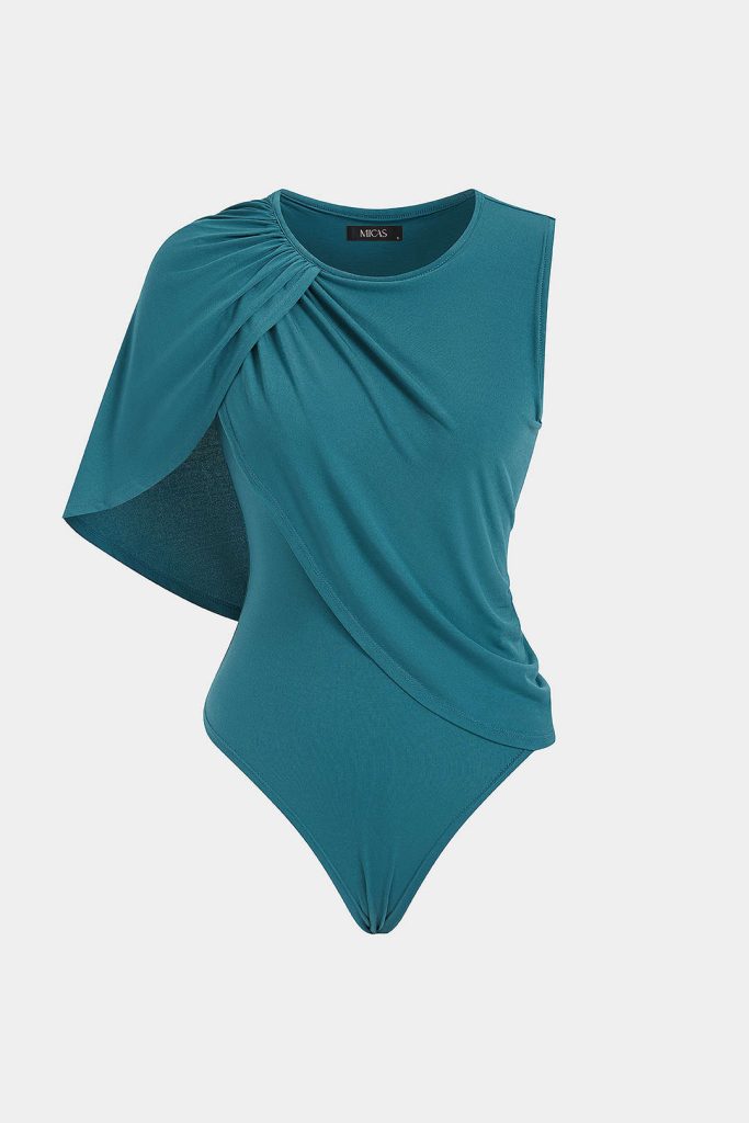 Asymmetrical Ruched Round Neck Sleeveless Bodysuit