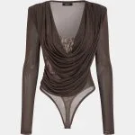 Lace Patchwork Mesh Draped Cowl Neck Long Sleeve Bodysuit – Wrena