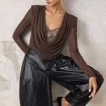 Lace Patchwork Mesh Draped Cowl Neck Long Sleeve Bodysuit – Wrena