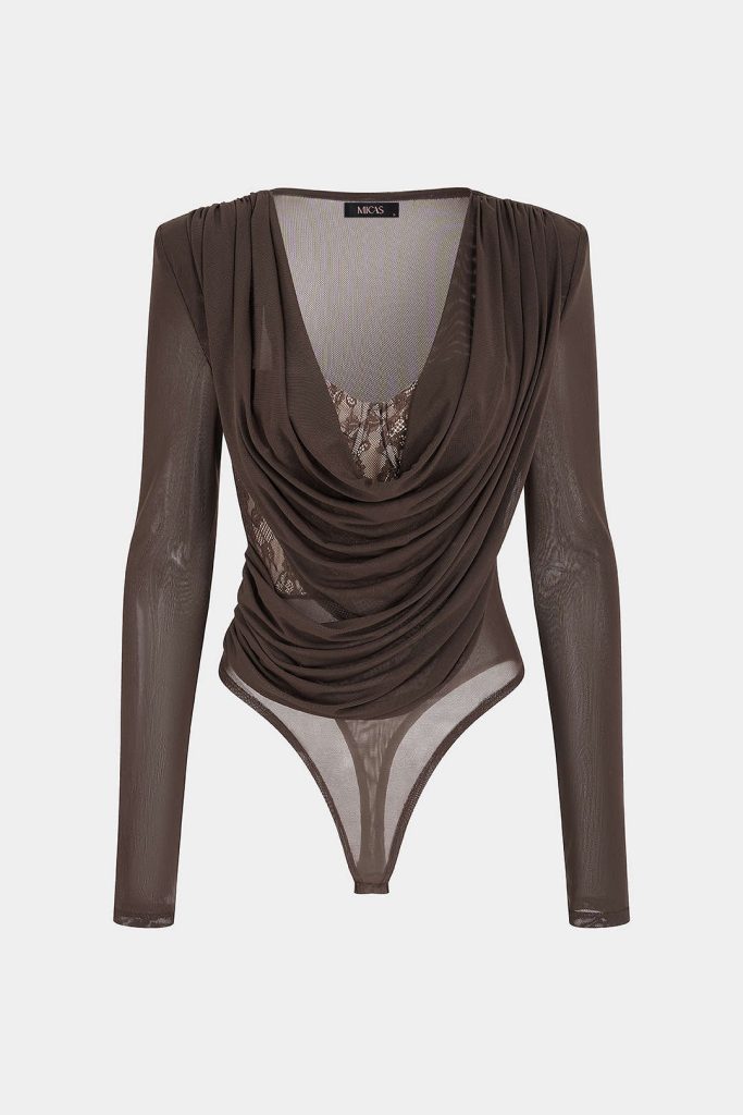 Lace Patchwork Mesh Draped Cowl Neck Long Sleeve Bodysuit