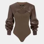 Round Neck Sleeveless Bodysuit And Faux Leather Long Sleeve Top Set – Wrena