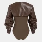 Round Neck Sleeveless Bodysuit And Faux Leather Long Sleeve Top Set – Wrena
