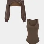 Round Neck Sleeveless Bodysuit And Faux Leather Long Sleeve Top Set – Wrena