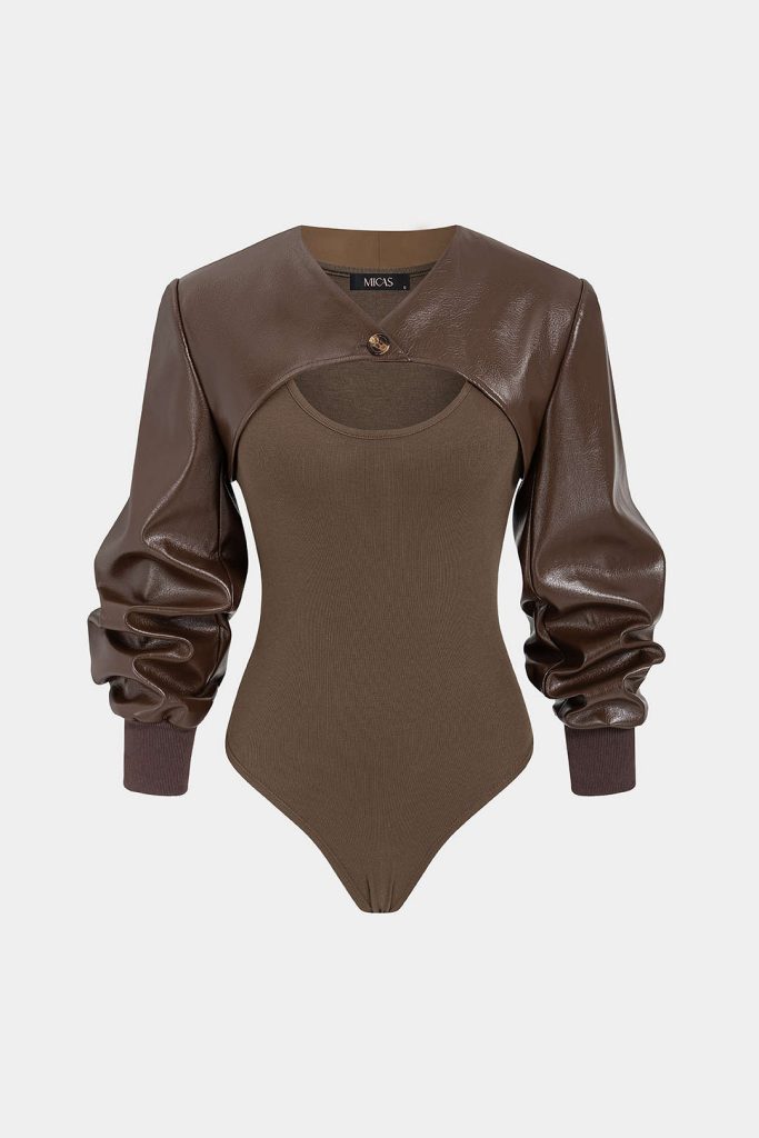 Round Neck Sleeveless Bodysuit And Faux Leather Long Sleeve Top Set
