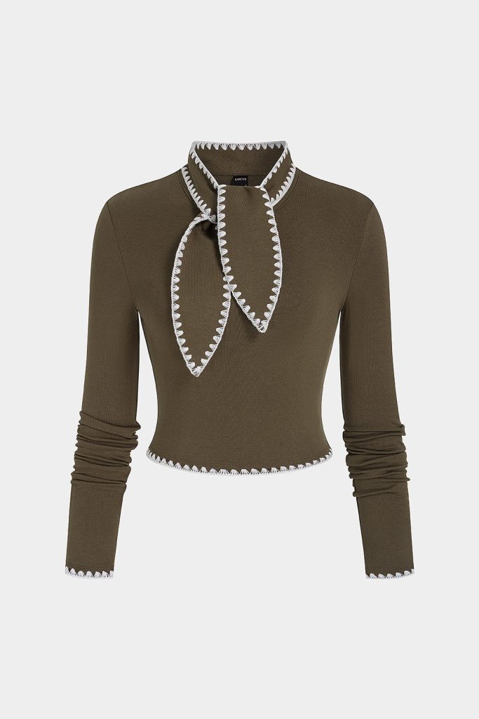 Contrast Trim Tie-Up Long-Sleeve Top