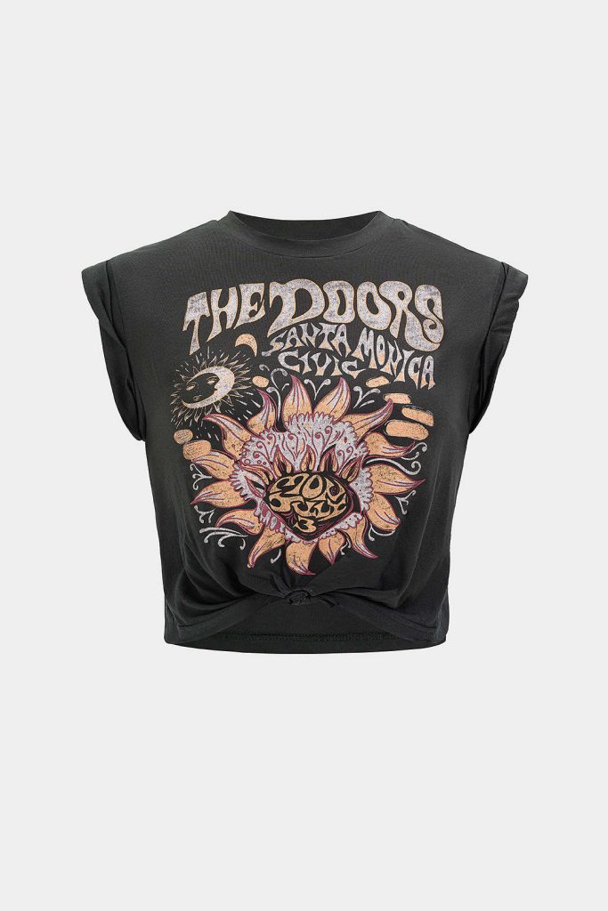 Flower Print Hem Knotted Short Sleeve T-Shirt