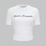 Letter Embroidery Round Neck Ruched Short Sleeve T-Shirt – Wrena