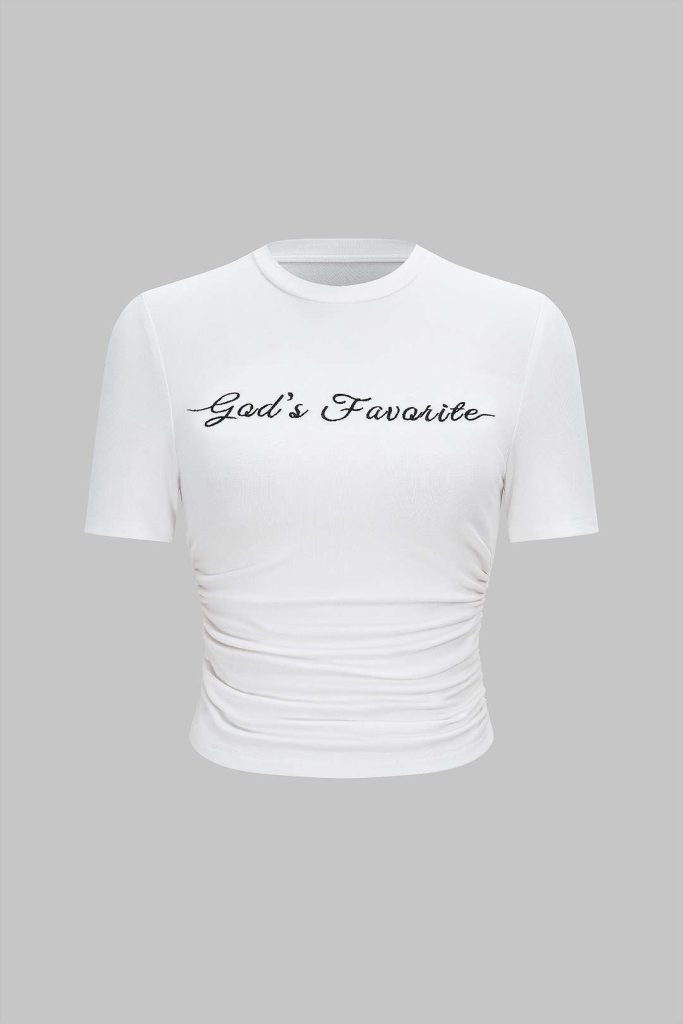 Letter Embroidery Round Neck Ruched Short Sleeve T-Shirt