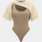 Contrast Round Neck Asymmetrical Short Sleeve Bodysuit – Wrena