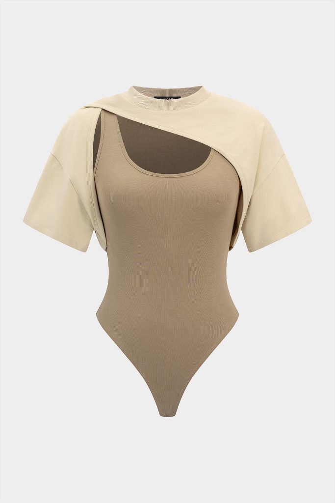 Contrast Round Neck Asymmetrical Short Sleeve Bodysuit