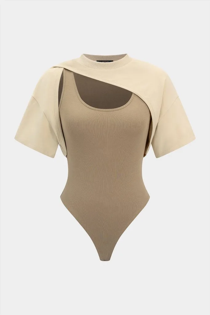 Contrast Round Neck Asymmetrical Short Sleeve Bodysuit – Wrena