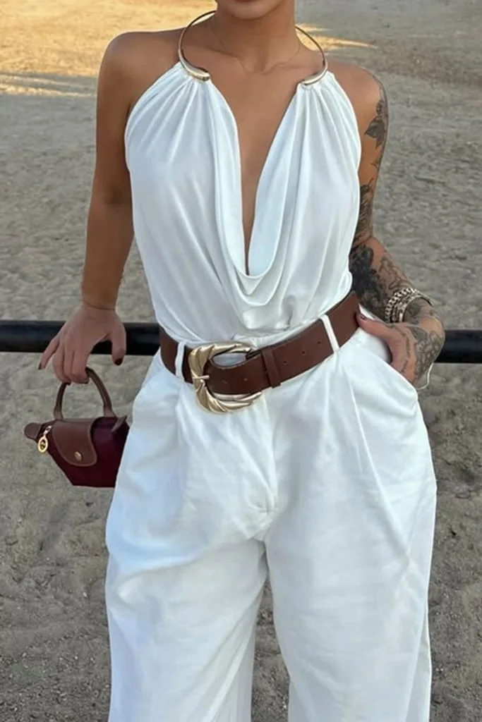 Draped Cowl Halter Neck Metallic Backless Tank Top – Wrena