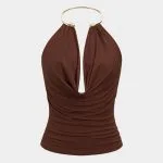 Draped Cowl Halter Neck Metallic Backless Tank Top – Wrena