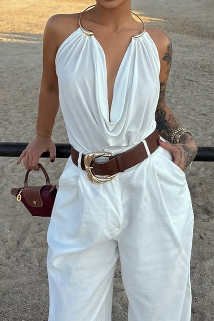 Draped Cowl Halter Neck Metallic Backless Tank Top