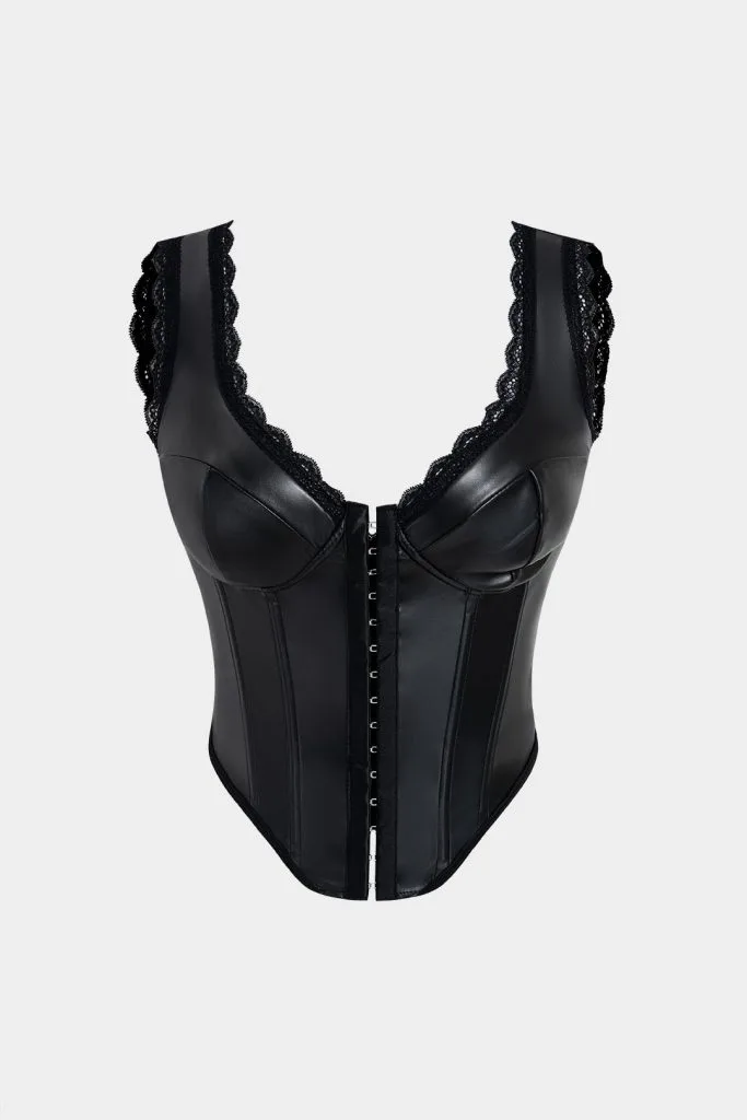 Faux Leather Patchwork Lace Trim Corset Cami Top – Wrena