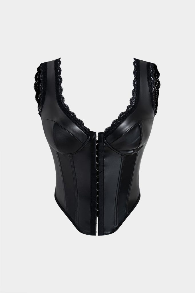 Faux Leather Patchwork Lace Trim Corset Cami Top