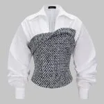Tweed Patchwork Asymmetrical Gigot Long-Sleeve Shirt – Wrena