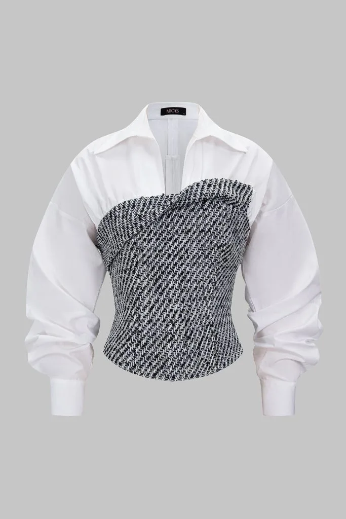 Tweed Patchwork Asymmetrical Gigot Long-Sleeve Shirt – Wrena