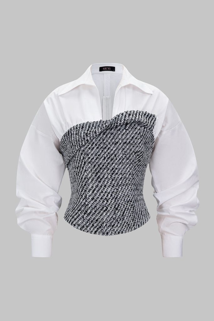 Tweed Patchwork Asymmetrical Gigot Long-Sleeve Shirt