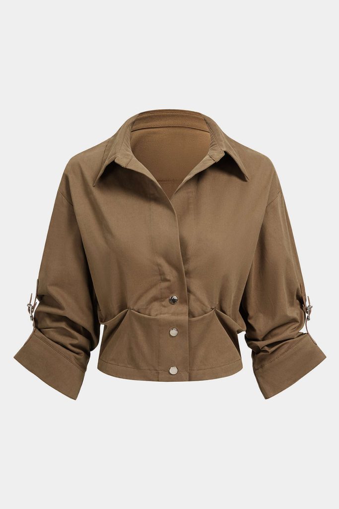 Button Ruched Short-Sleeve Shirt