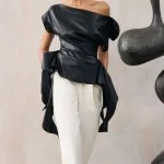 Faux Leather One Shoulder Ruched Short Sleeve Top – Wrena