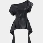 Faux Leather One Shoulder Ruched Short Sleeve Top – Wrena