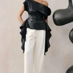 Faux Leather One Shoulder Ruched Short Sleeve Top – Wrena