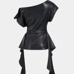 Faux Leather One Shoulder Ruched Short Sleeve Top – Wrena