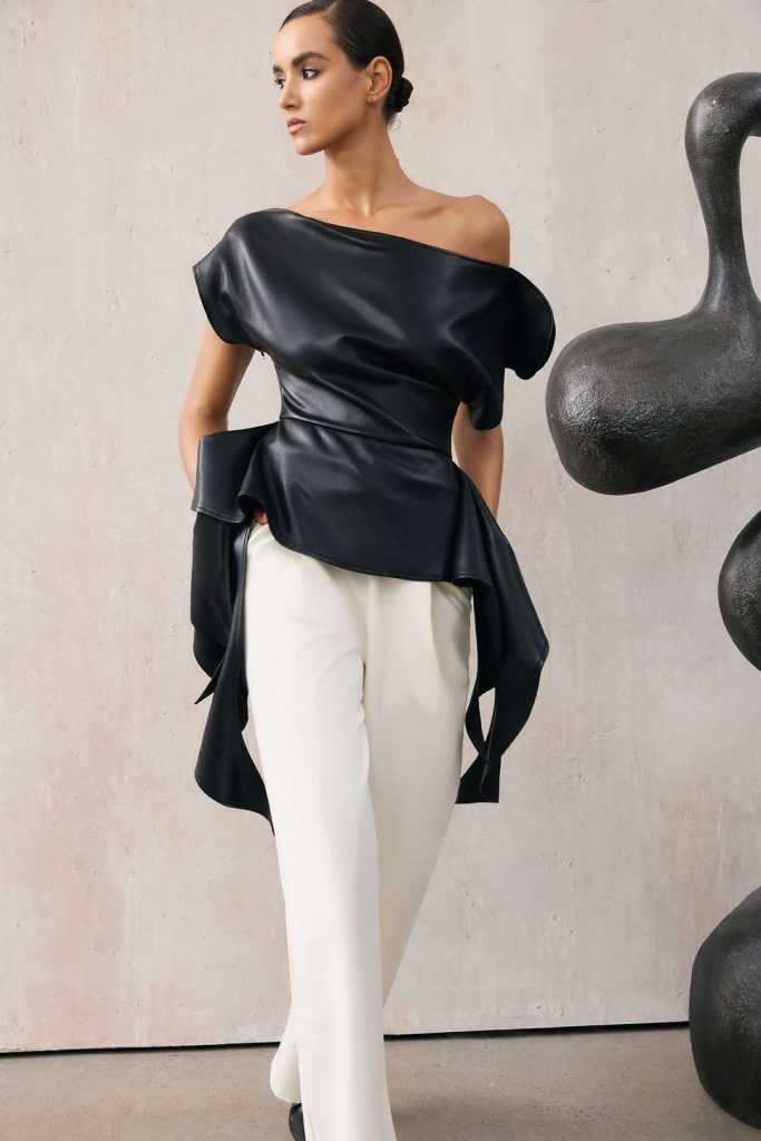 Faux Leather One Shoulder Ruched Short Sleeve Top